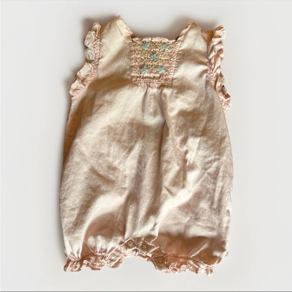 Vintage Lullaby Club Baby Girl Romper 9M Pink Smocked Embroidered Cotton Sunsuit